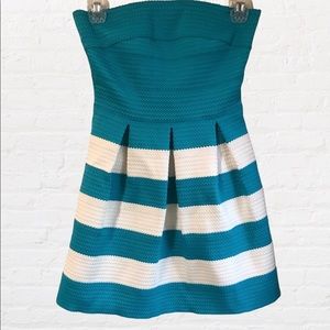 Maniju Teal & White Striped Strapless Mini Dress. Sz S.